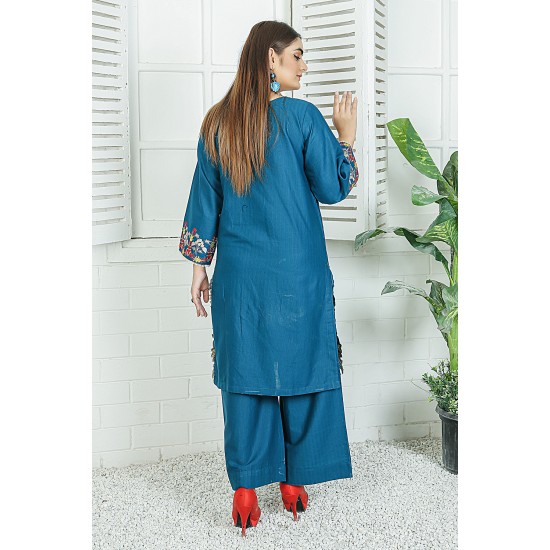 2 Piece Kurti Salwar Embroidery Set - Pure Cotton Collection Stylish Solid Color Light Weight Cotton Fabric Suit Top Bottom Salwar Kameez Indian Pakistani Embroidered Suit For Event Party Outdoor Dress - Dark Blue