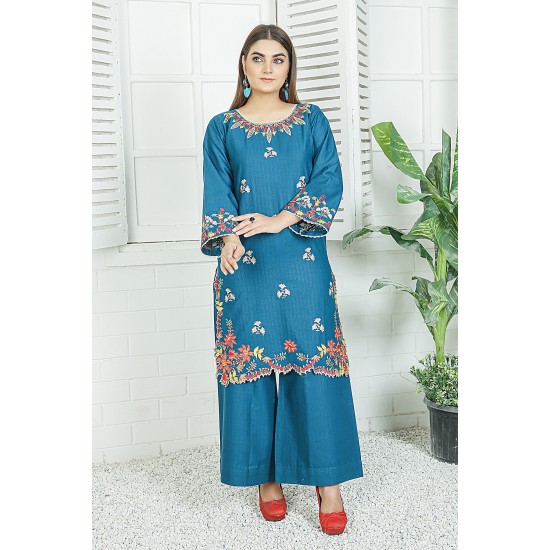 2 Piece Kurti Salwar Embroidery Set - Pure Cotton Collection Stylish Solid Color Light Weight Cotton Fabric Suit Top Bottom Salwar Kameez Indian Pakistani Embroidered Suit For Event Party Outdoor Dress - Dark Blue