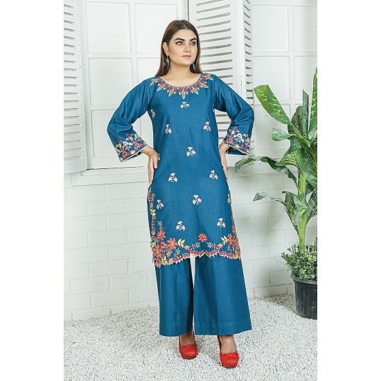 2 Piece Kurti Salwar Embroidery Set - Pure Cotton Collection Stylish Solid Color Light Weight Cotton Fabric Suit Top Bottom Salwar Kameez Indian Pakistani Embroidered Suit For Event Party Outdoor Dress - Dark Blue