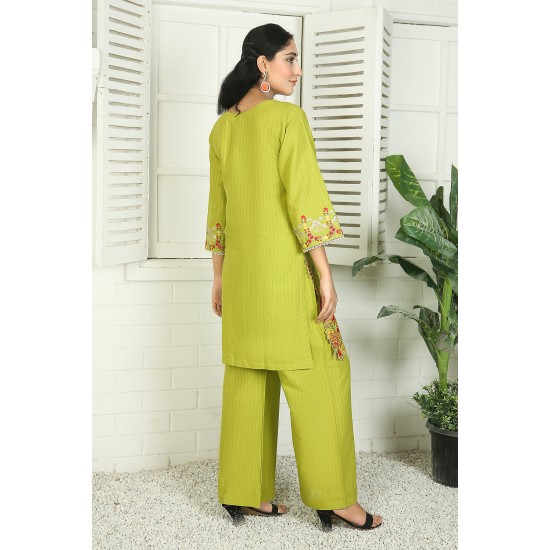 2 Piece Kurti Salwar Embroidery Set - Pure Cotton Collection Stylish Solid Color Light Weight Cotton Fabric Suit Top Bottom Salwar Kameez Indian Pakistani Embroidered Suit For Event Party Outdoor Dress - Green