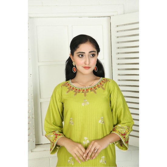 2 Piece Kurti Salwar Embroidery Set - Pure Cotton Collection Stylish Solid Color Light Weight Cotton Fabric Suit Top Bottom Salwar Kameez Indian Pakistani Embroidered Suit For Event Party Outdoor Dress - Green