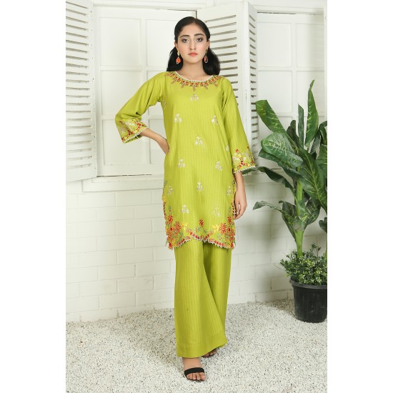 2 Piece Kurti Salwar Embroidery Set - Pure Cotton Collection Stylish Solid Color Light Weight Cotton Fabric Suit Top Bottom Salwar Kameez Indian Pakistani Embroidered Suit For Event Party Outdoor Dress - Green