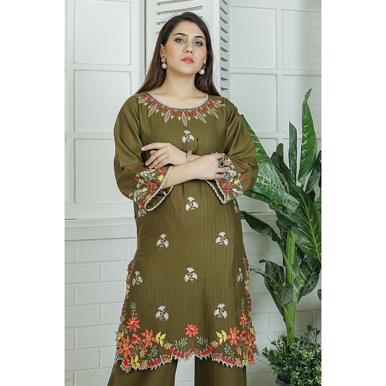 2 Piece Kurti Salwar Embroidery Set - Pure Cotton Collection Stylish Solid Color Light Weight Cotton Fabric Suit Top Bottom Salwar Kameez Indian Pakistani Embroidered Suit For Event Party Outdoor Dress - Dark Green