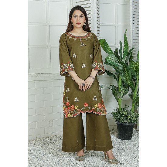 2 Piece Kurti Salwar Embroidery Set - Pure Cotton Collection Stylish Solid Color Light Weight Cotton Fabric Suit Top Bottom Salwar Kameez Indian Pakistani Embroidered Suit For Event Party Outdoor Dress - Dark Green