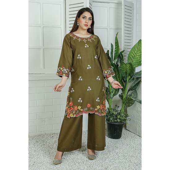 2 Piece Kurti Salwar Embroidery Set - Pure Cotton Collection Stylish Solid Color Light Weight Cotton Fabric Suit Top Bottom Salwar Kameez Indian Pakistani Embroidered Suit For Event Party Outdoor Dress - Dark Green