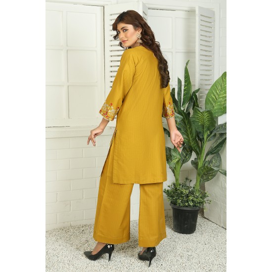 2 Piece Kurti Salwar Embroidery Set - Pure Cotton Collection Stylish Solid Color Light Weight Cotton Fabric Suit Top Bottom Salwar Kameez Indian Pakistani Embroidered Suit For Event Party Outdoor Dress - Golden
