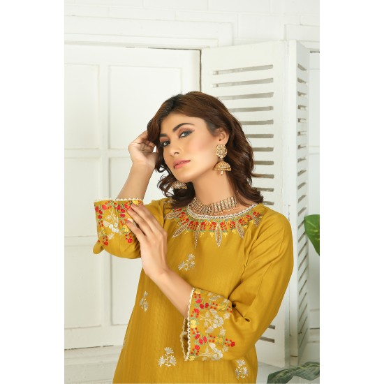 2 Piece Kurti Salwar Embroidery Set - Pure Cotton Collection Stylish Solid Color Light Weight Cotton Fabric Suit Top Bottom Salwar Kameez Indian Pakistani Embroidered Suit For Event Party Outdoor Dress - Golden