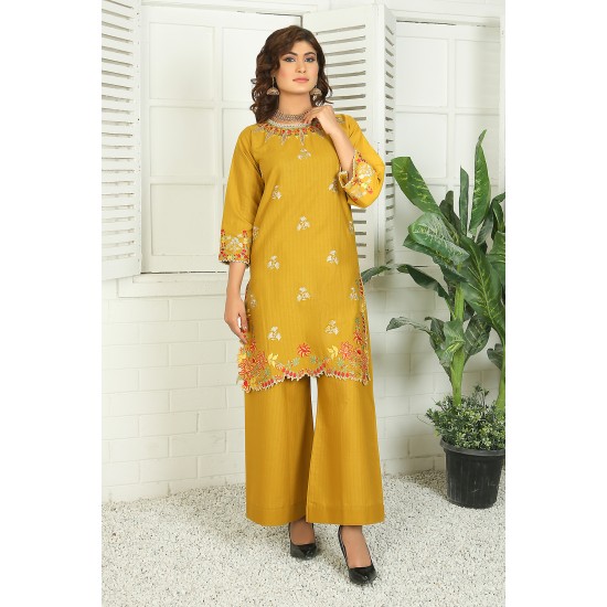 2 Piece Kurti Salwar Embroidery Set - Pure Cotton Collection Stylish Solid Color Light Weight Cotton Fabric Suit Top Bottom Salwar Kameez Indian Pakistani Embroidered Suit For Event Party Outdoor Dress - Golden
