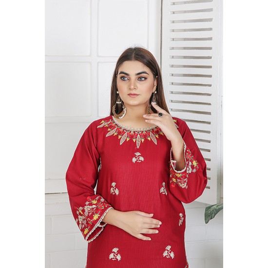 2 Piece Kurti Salwar Embroidery Set - Pure Cotton Collection Stylish Solid Color Light Weight Cotton Fabric Suit Top Bottom Salwar Kameez Indian Pakistani Embroidered Suit For Event Party Outdoor Dress - Maroon 2 Piece Kurti Salwar Embroidery Set - Pure Cotton Collection Stylish Solid Color Light Weight Cotton Fabric Suit Top Bottom Salwar Kameez Indian Pakistani Embroidered Suit For Event Party Outdoor Dress - Maroon