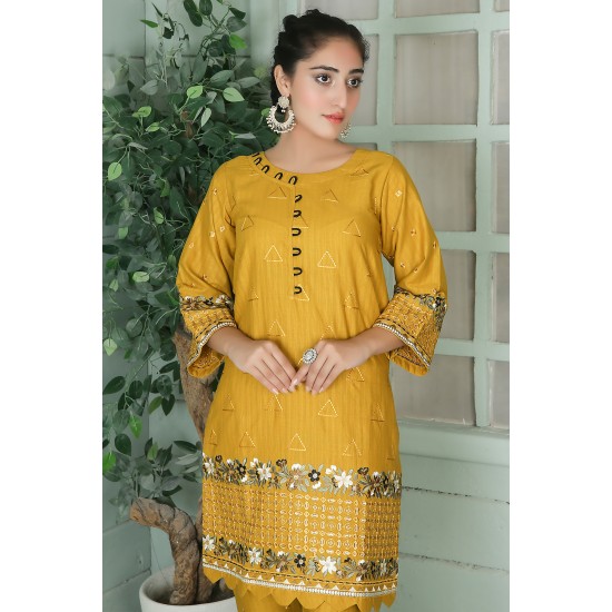 2 Piece Kurti Salwar Embroidery Set - Pure Cotton Collection Stylish Solid Color Light Weight Cotton Fabric Suit Top Bottom Salwar Kameez Indian Pakistani Embroidered Suit For Event Party Outdoor Dress - Golden
