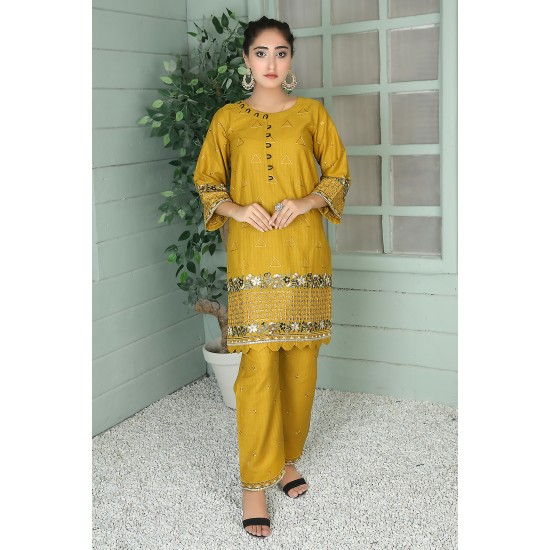 2 Piece Kurti Salwar Embroidery Set - Pure Cotton Collection Stylish Solid Color Light Weight Cotton Fabric Suit Top Bottom Salwar Kameez Indian Pakistani Embroidered Suit For Event Party Outdoor Dress - Golden