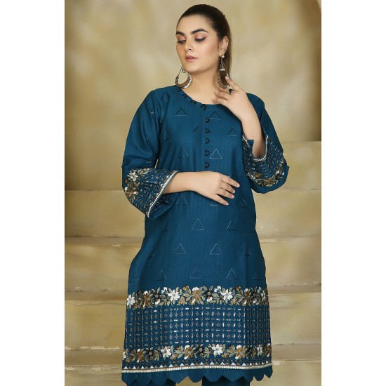 2 Piece Kurti Salwar Embroidery Set - Pure Cotton Collection Stylish Solid Color Light Weight Cotton Fabric Suit Top Bottom Salwar Kameez Indian Pakistani Embroidered Suit For Event Party Outdoor Dress - Dark Blue