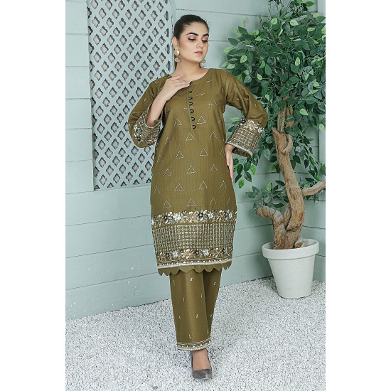 2 Piece Kurti Salwar Embroidery Set - Pure Cotton Collection Stylish Solid Color Light Weight Cotton Fabric Suit Top Bottom Salwar Kameez Indian Pakistani Embroidered Suit For Event Party Outdoor Dress - Dark Green