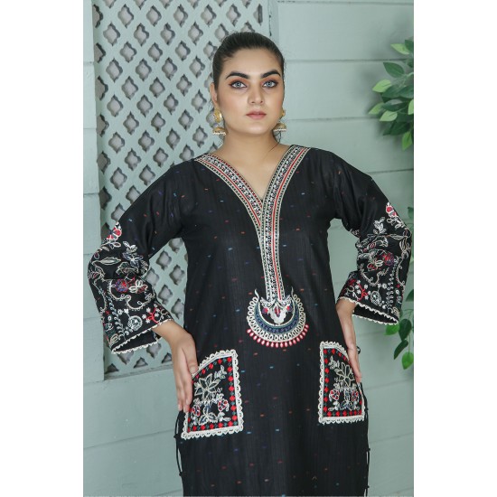  2 Piece Kurti Salwar Embroidery Set - Pure Cotton Collection Stylish Solid Color Light Weight Cotton Fabric Suit Top Bottom Salwar Kameez Indian Pakistani Embroidered Suit For Event Party Outdoor Dress - Black