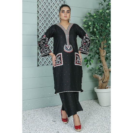  2 Piece Kurti Salwar Embroidery Set - Pure Cotton Collection Stylish Solid Color Light Weight Cotton Fabric Suit Top Bottom Salwar Kameez Indian Pakistani Embroidered Suit For Event Party Outdoor Dress - Black
