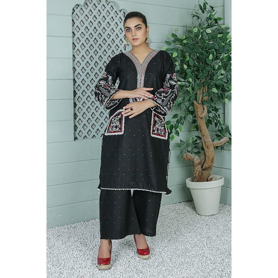  2 Piece Kurti Salwar Embroidery Set - Pure Cotton Collection Stylish Solid Color Light Weight Cotton Fabric Suit Top Bottom Salwar Kameez Indian Pakistani Embroidered Suit For Event Party Outdoor Dress - Black