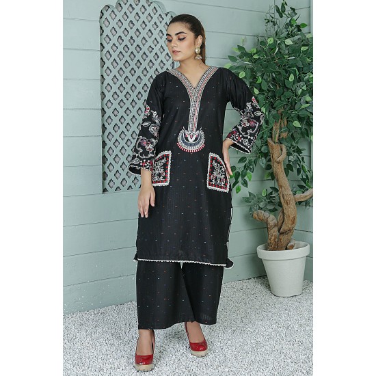  2 Piece Kurti Salwar Embroidery Set - Pure Cotton Collection Stylish Solid Color Light Weight Cotton Fabric Suit Top Bottom Salwar Kameez Indian Pakistani Embroidered Suit For Event Party Outdoor Dress - Black