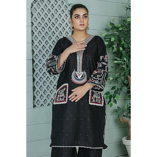  2 Piece Kurti Salwar Embroidery Set - Pure Cotton Collection Stylish Solid Color Light Weight Cotton Fabric Suit Top Bottom Salwar Kameez Indian Pakistani Embroidered Suit For Event Party Outdoor Dress - Black