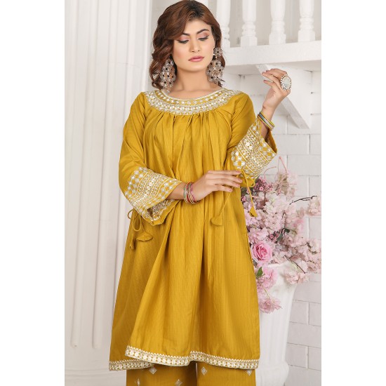 2 Piece Kurti Salwar Embroidery Set - Pure Cotton Collection Stylish Solid Color Light Weight Cotton Fabric Suit Top Bottom Salwar Kameez Indian Pakistani Embroidered Suit For Event Party Outdoor Dress - Golden