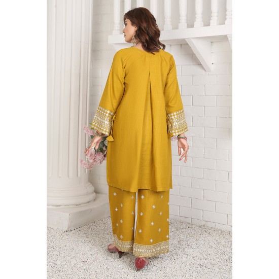 2 Piece Kurti Salwar Embroidery Set - Pure Cotton Collection Stylish Solid Color Light Weight Cotton Fabric Suit Top Bottom Salwar Kameez Indian Pakistani Embroidered Suit For Event Party Outdoor Dress - Golden