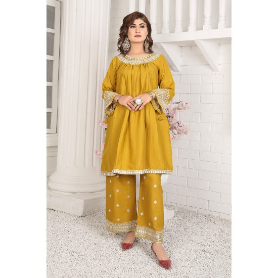 2 Piece Kurti Salwar Embroidery Set - Pure Cotton Collection Stylish Solid Color Light Weight Cotton Fabric Suit Top Bottom Salwar Kameez Indian Pakistani Embroidered Suit For Event Party Outdoor Dress - Golden