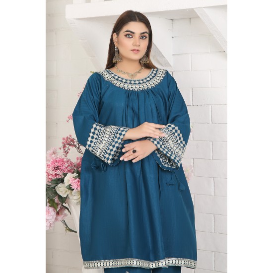  2 Piece Kurti Salwar Embroidery Set - Pure Cotton Collection Stylish Solid Color Light Weight Cotton Fabric Suit Top Bottom Salwar Kameez Indian Pakistani Embroidered Suit For Event Party Outdoor Dress - Dark Blue
