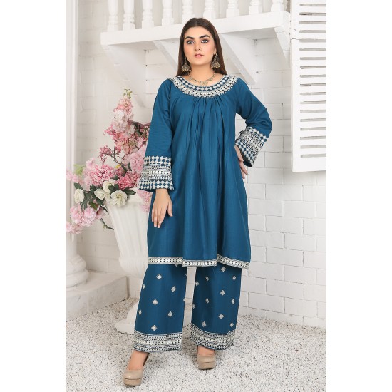  2 Piece Kurti Salwar Embroidery Set - Pure Cotton Collection Stylish Solid Color Light Weight Cotton Fabric Suit Top Bottom Salwar Kameez Indian Pakistani Embroidered Suit For Event Party Outdoor Dress - Dark Blue