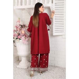  2 Piece Kurti Salwar Embroidery Set - Pure Cotton Collection Stylish Solid Color Light Weight Cotton Fabric Suit Top Bottom Salwar Kameez Indian Pakistani Embroidered Suit For Event Party Outdoor Dress - Maroon