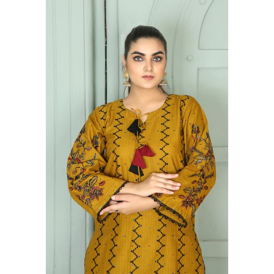 2 Piece Kurti Salwar Embroidery Set - Pure Cotton Collection Stylish Solid Color Light Weight Cotton Fabric Suit Top Bottom Salwar Kameez Indian Pakistani Embroidered Suit For Event Party Outdoor Dress - Golden