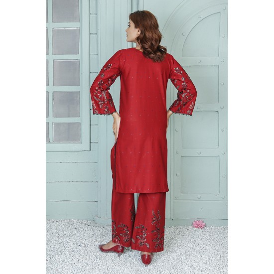  2 Piece Kurti Salwar Embroidery Set - Pure Cotton Collection Stylish Solid Color Light Weight Cotton Fabric Suit Top Bottom Salwar Kameez Indian Pakistani Embroidered Suit For Event Party Outdoor Dress - Maroon