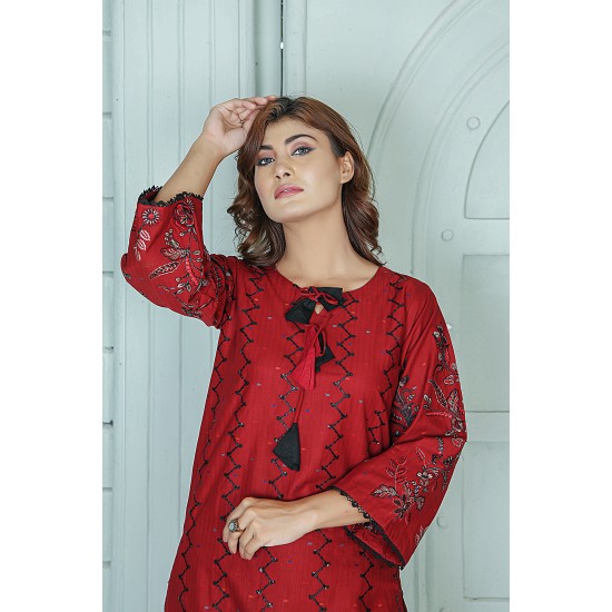  2 Piece Kurti Salwar Embroidery Set - Pure Cotton Collection Stylish Solid Color Light Weight Cotton Fabric Suit Top Bottom Salwar Kameez Indian Pakistani Embroidered Suit For Event Party Outdoor Dress - Maroon
