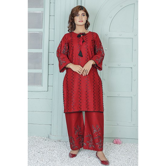  2 Piece Kurti Salwar Embroidery Set - Pure Cotton Collection Stylish Solid Color Light Weight Cotton Fabric Suit Top Bottom Salwar Kameez Indian Pakistani Embroidered Suit For Event Party Outdoor Dress - Maroon