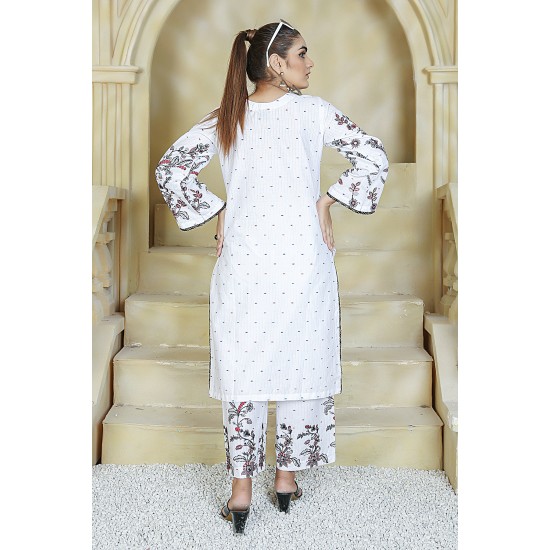  2 Piece Kurti Salwar Embroidery Set - Pure Cotton Collection Stylish Solid Color Light Weight Cotton Fabric Suit Top Bottom Salwar Kameez Indian Pakistani Embroidered Suit For Event Party Outdoor Dress - White