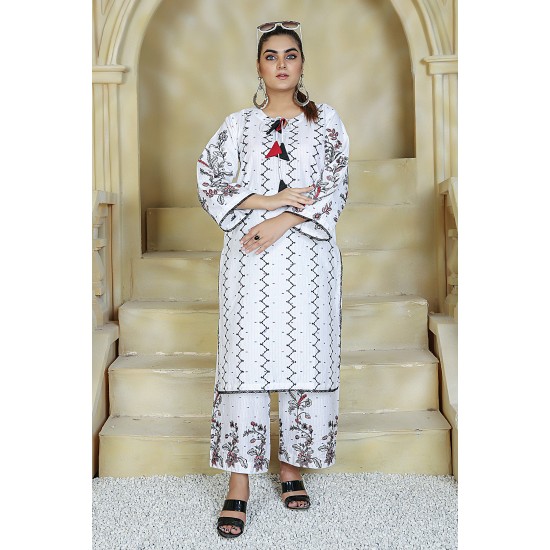 2 Piece Kurti Salwar Embroidery Set - Pure Cotton Collection Stylish Solid Color Light Weight Cotton Fabric Suit Top Bottom Salwar Kameez Indian Pakistani Embroidered Suit For Event Party Outdoor Dress - White