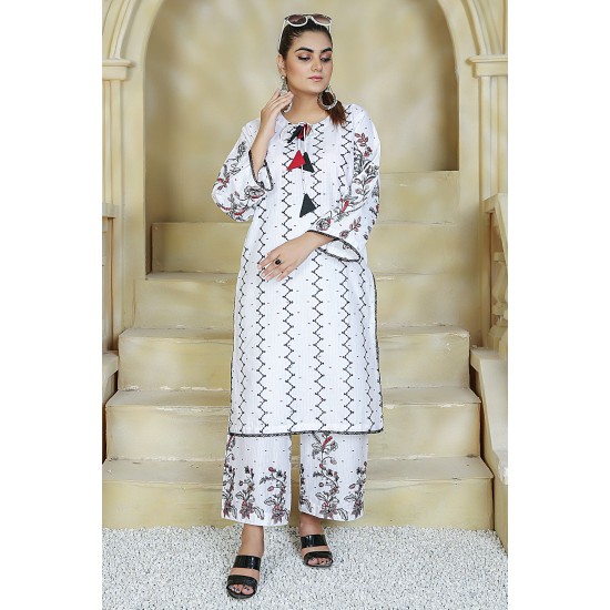  2 Piece Kurti Salwar Embroidery Set - Pure Cotton Collection Stylish Solid Color Light Weight Cotton Fabric Suit Top Bottom Salwar Kameez Indian Pakistani Embroidered Suit For Event Party Outdoor Dress - White