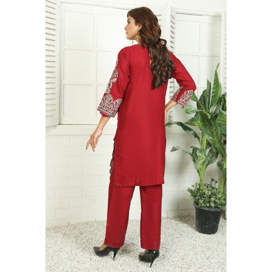 2 Piece Kurti Salwar Embroidery Set - Pure Cotton Collection Stylish Solid Color Light Weight Cotton Fabric Suit Top Bottom Salwar Kameez Indian Pakistani Embroidered Suit For Event Party Outdoor Dress - Maroon 2 Piece Kurti Salwar Embroidery Set - Pure Cotton Collection Stylish Solid Color Light Weight Cotton Fabric Suit Top Bottom Salwar Kameez Indian Pakistani Embroidered Suit For Event Party Outdoor Dress - Maroon