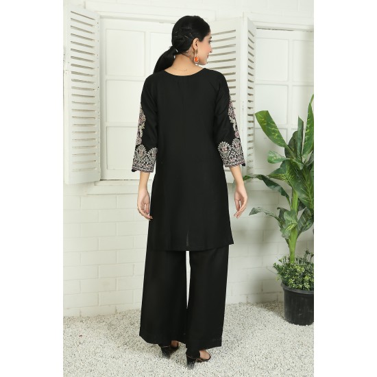 2 Piece Kurti Salwar Embroidery Set - Pure Cotton Collection Stylish Solid Color Light Weight Cotton Fabric Suit Top Bottom Salwar Kameez Indian Pakistani Embroidered Suit For Event Party Outdoor Dress - Black