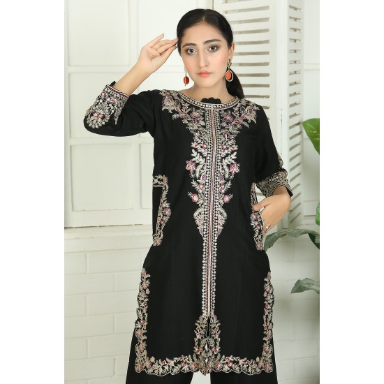 2 Piece Kurti Salwar Embroidery Set - Pure Cotton Collection Stylish Solid Color Light Weight Cotton Fabric Suit Top Bottom Salwar Kameez Indian Pakistani Embroidered Suit For Event Party Outdoor Dress - Black