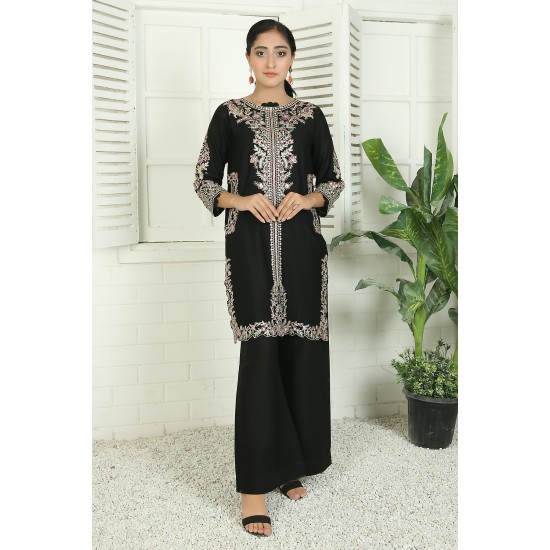 2 Piece Kurti Salwar Embroidery Set - Pure Cotton Collection Stylish Solid Color Light Weight Cotton Fabric Suit Top Bottom Salwar Kameez Indian Pakistani Embroidered Suit For Event Party Outdoor Dress - Black