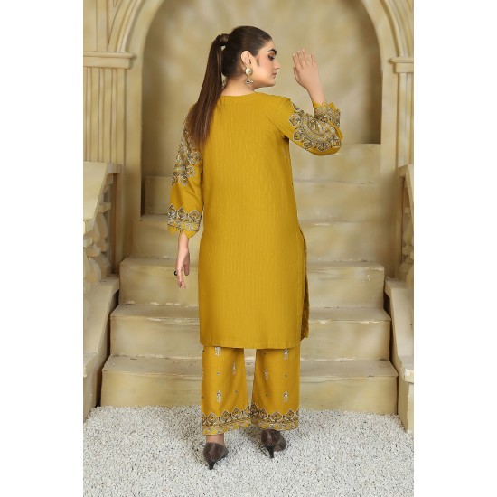 2 Piece Kurti Salwar Embroidery Set - Pure Cotton Collection Stylish Solid Color Light Weight Cotton Fabric Suit Top Bottom Salwar Kameez Indian Pakistani Embroidered Suit For Event Party Outdoor Dress - Golden