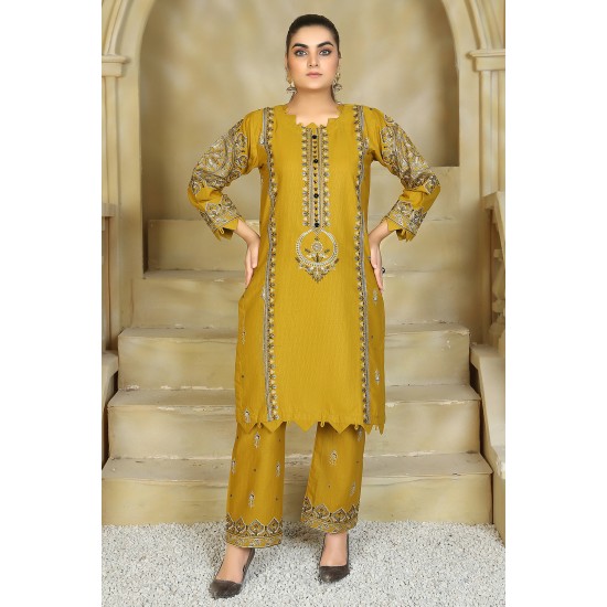 2 Piece Kurti Salwar Embroidery Set - Pure Cotton Collection Stylish Solid Color Light Weight Cotton Fabric Suit Top Bottom Salwar Kameez Indian Pakistani Embroidered Suit For Event Party Outdoor Dress - Golden