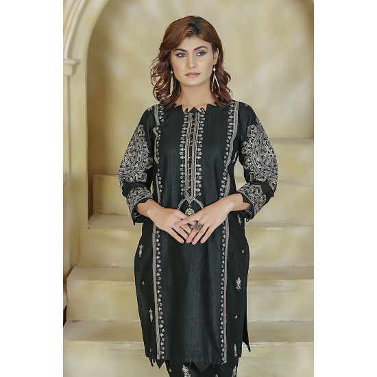 2 Piece Kurti Salwar Embroidery Set - Pure Cotton Collection Stylish Solid Color Light Weight Cotton Fabric Suit Top Bottom Salwar Kameez Indian Pakistani Embroidered Suit For Event Party Outdoor Dress - Black