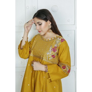 2 Piece Kurti Salwar Embroidery Set - Pure Cotton Collection Stylish Solid Color Light Weight Cotton Fabric Suit Top Bottom Salwar Kameez Indian Pakistani Embroidered Suit For Event Party Outdoor Dress - Golden