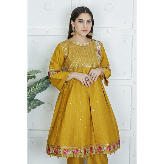 2 Piece Kurti Salwar Embroidery Set - Pure Cotton Collection Stylish Solid Color Light Weight Cotton Fabric Suit Top Bottom Salwar Kameez Indian Pakistani Embroidered Suit For Event Party Outdoor Dress - Golden