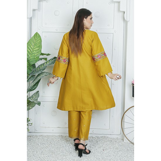 2 Piece Kurti Salwar Embroidery Set - Pure Cotton Collection Stylish Solid Color Light Weight Cotton Fabric Suit Top Bottom Salwar Kameez Indian Pakistani Embroidered Suit For Event Party Outdoor Dress - Golden