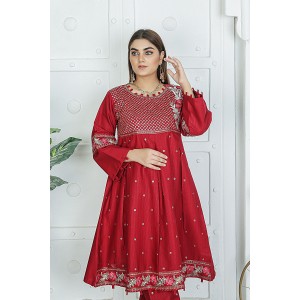  2 Piece Kurti Salwar Embroidery Set - Pure Cotton Collection Stylish Solid Color Light Weight Cotton Fabric Suit Top Bottom Salwar Kameez Indian Pakistani Embroidered Suit For Event Party Outdoor Dress - Maroon