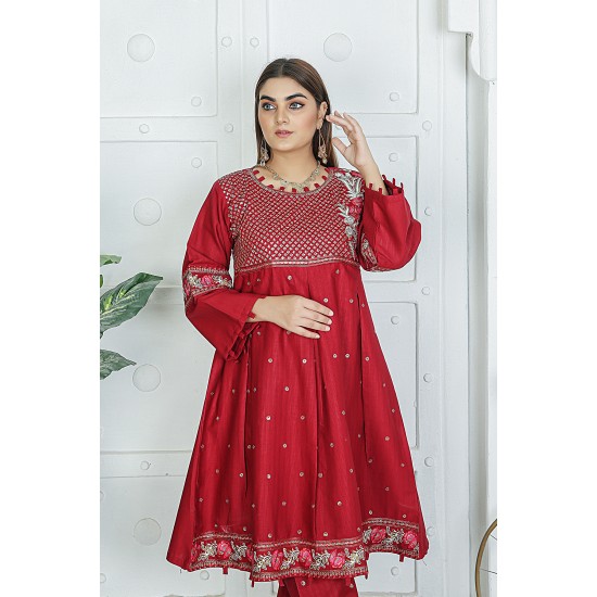  2 Piece Kurti Salwar Embroidery Set - Pure Cotton Collection Stylish Solid Color Light Weight Cotton Fabric Suit Top Bottom Salwar Kameez Indian Pakistani Embroidered Suit For Event Party Outdoor Dress - Maroon
