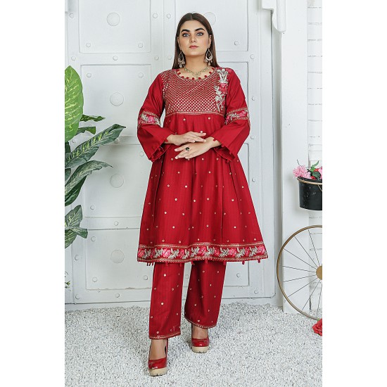  2 Piece Kurti Salwar Embroidery Set - Pure Cotton Collection Stylish Solid Color Light Weight Cotton Fabric Suit Top Bottom Salwar Kameez Indian Pakistani Embroidered Suit For Event Party Outdoor Dress - Maroon