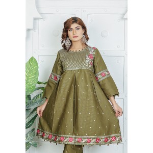2 Piece Kurti Salwar Embroidery Set - Pure Cotton Collection Stylish Solid Color Light Weight Cotton Fabric Suit Top Bottom Salwar Kameez Indian Pakistani Embroidered Suit For Event Party Outdoor Dress - Dark Green