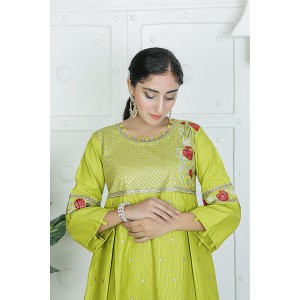 2 Piece Kurti Salwar Embroidery Set - Pure Cotton Collection Stylish Solid Color Light Weight Cotton Fabric Suit Top Bottom Salwar Kameez Indian Pakistani Embroidered Suit For Event Party Outdoor Dress - Green